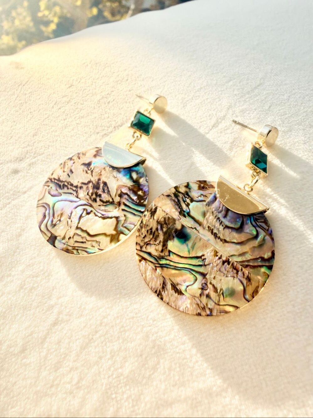 Abalone Shell Emerald Green Crystal Gold Statement Dangle Earrings
